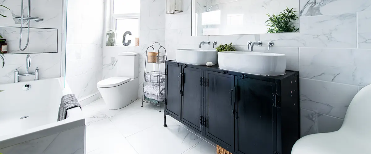 A modern bathroom with a metal vanity