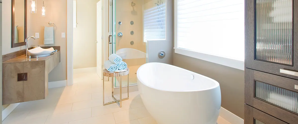 Remodel a bathroom with a freestanding tub and a tile counter