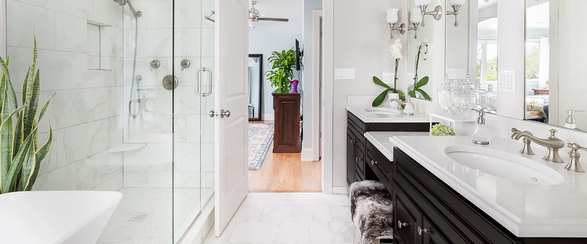 A dark vanity with a glass shower and a plant