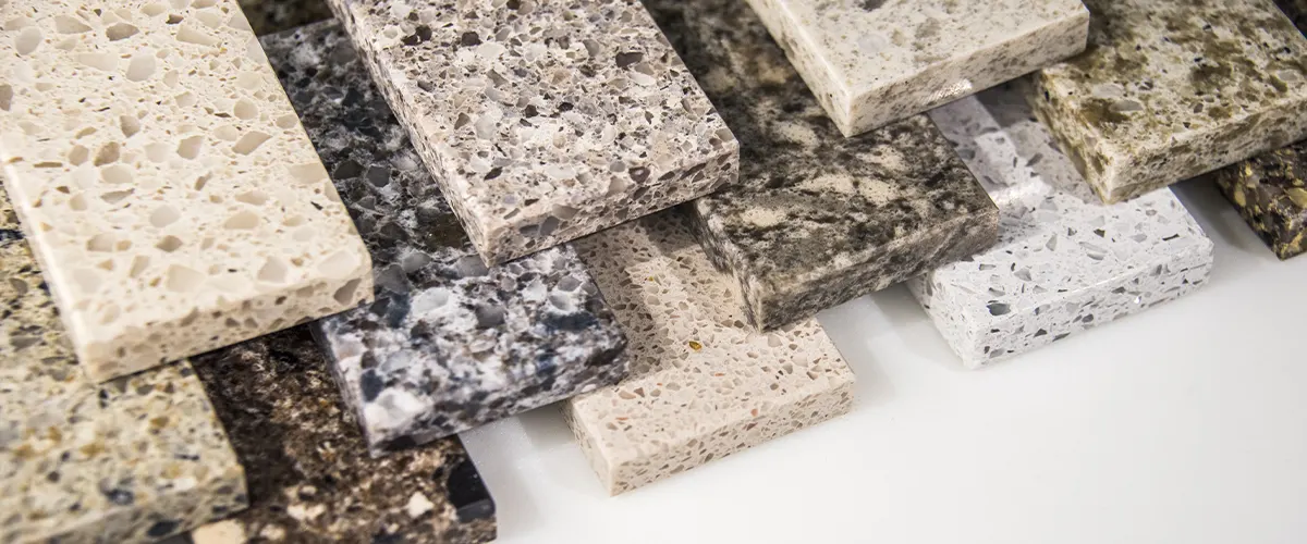 Multiple samples of granite countertops for bathrooms