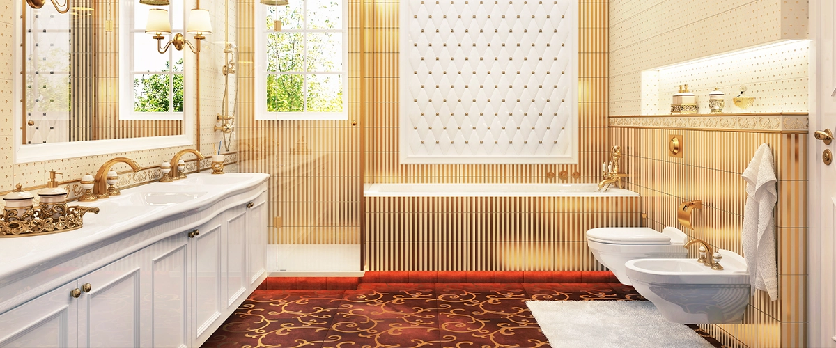 A bathroom with a white double vanity and golden hardware as bathroom colors