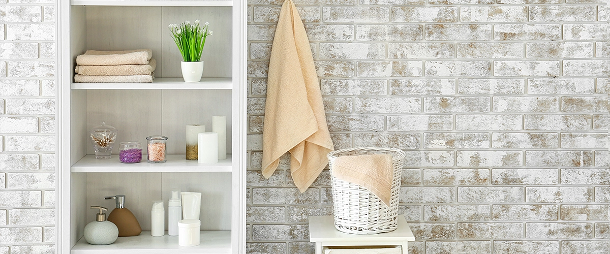 Open shelving in a bathroom