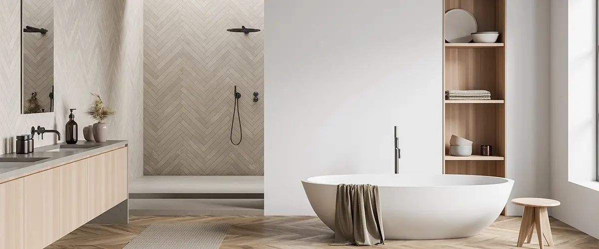 A beautiful bathroom remodeling in Farragut with hardwood accents and a freestanding tub