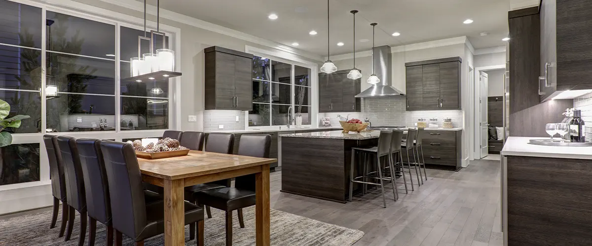 Kitchen layout with dark cabinets