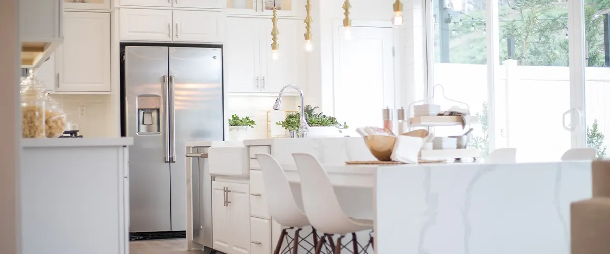 large kitchen with marble island