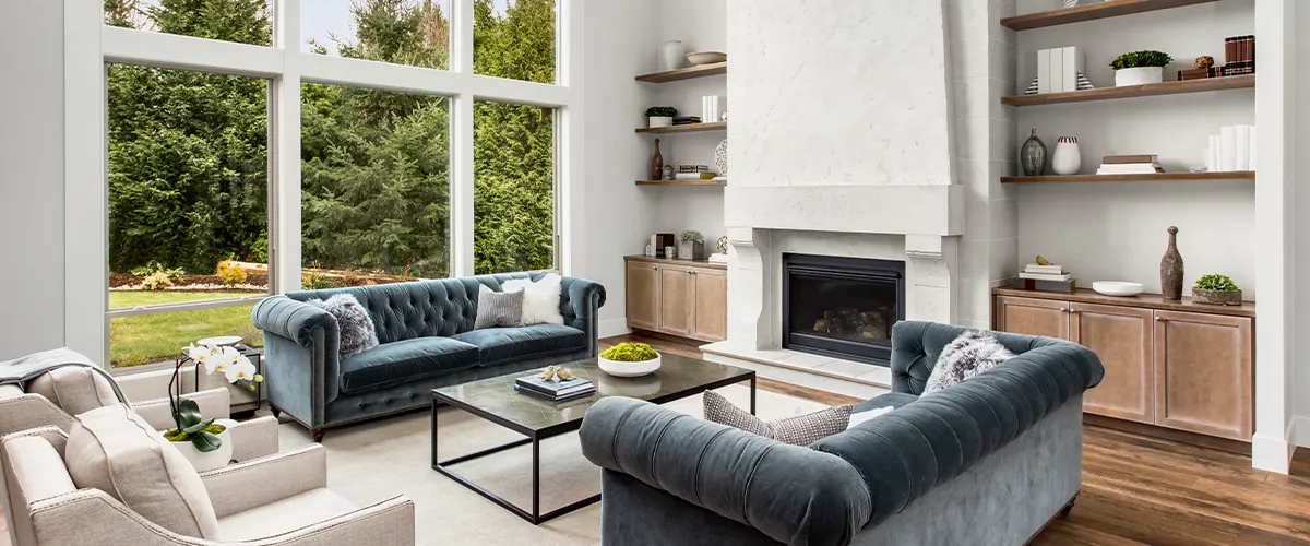 living room with large vertical window