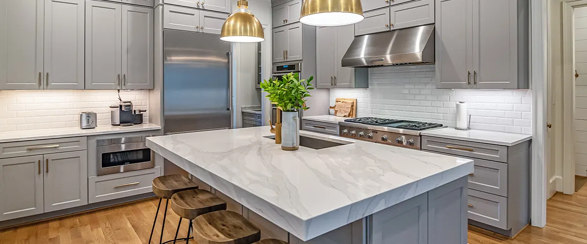 modern grey kitchen with island